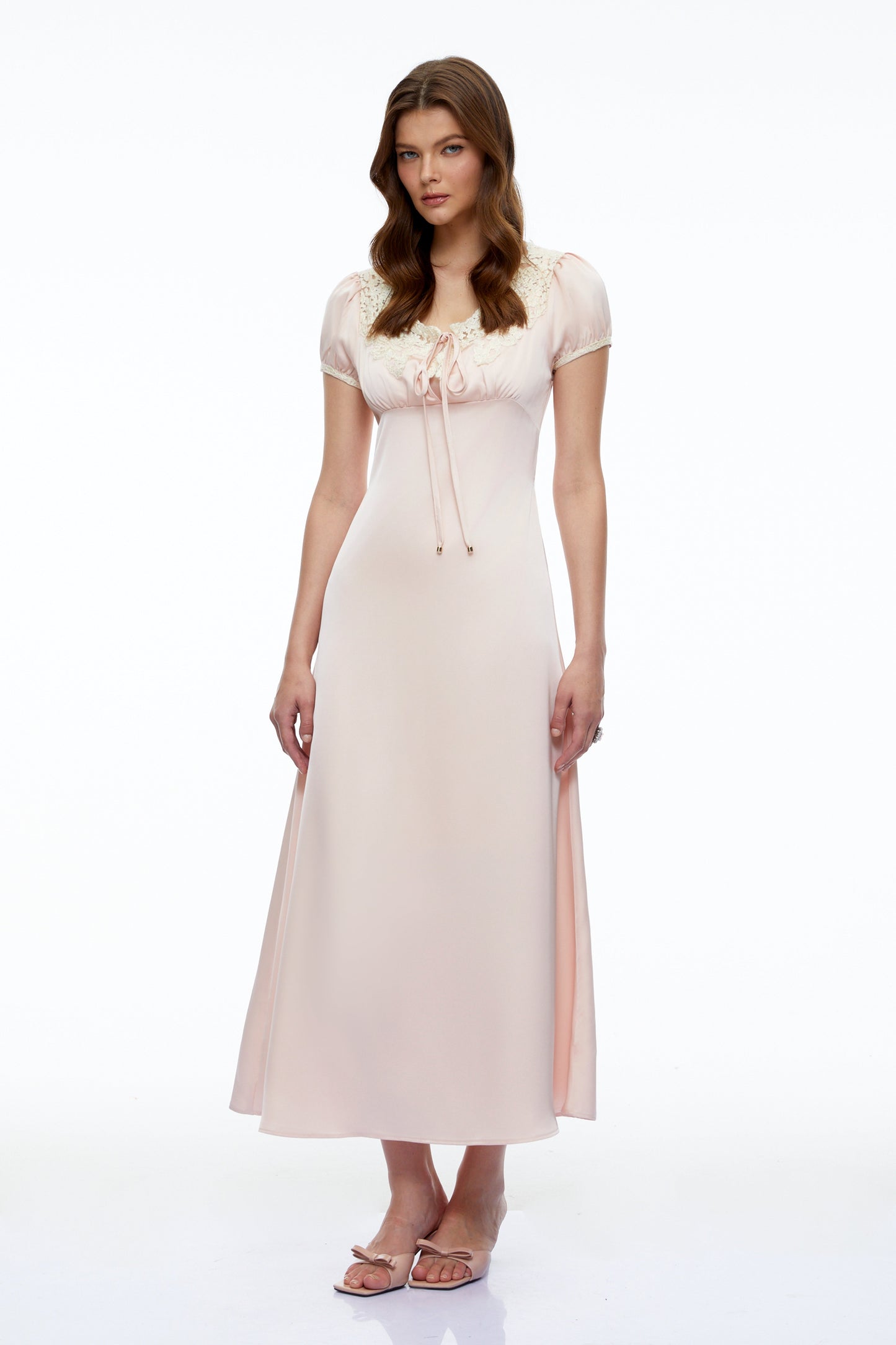 Sloane Pink Satin Midi Dress with Lace Collar