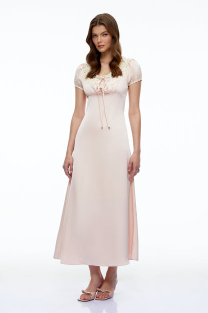 Sloane Pink Satin Midi Dress with Lace Collar