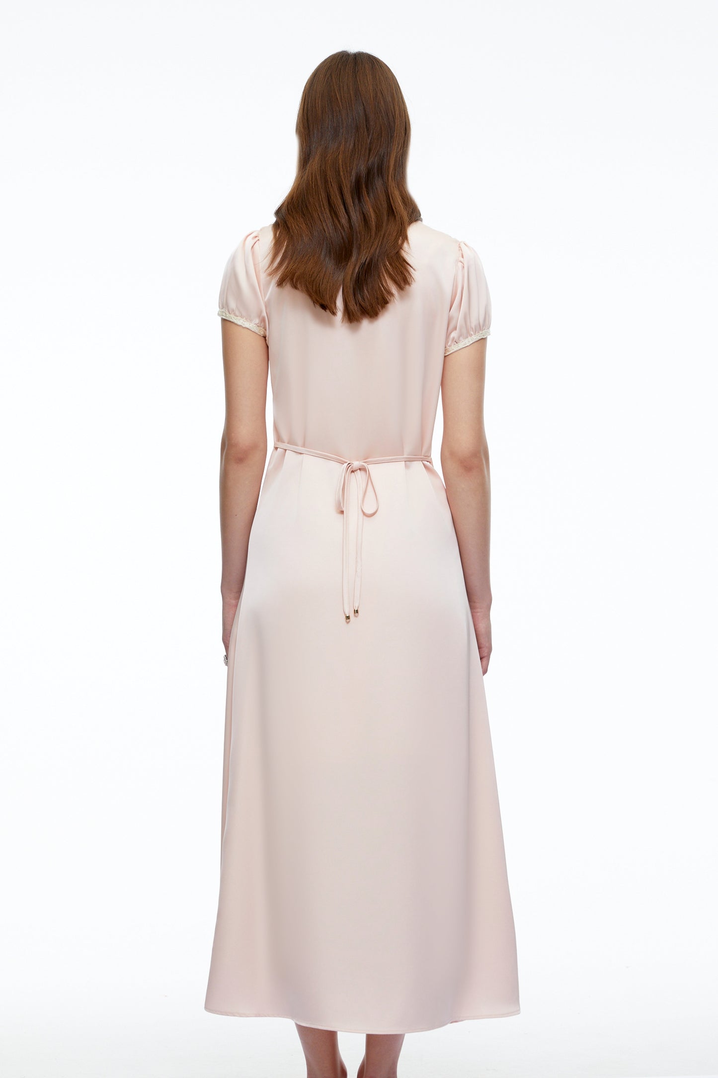 Sloane Pink Satin Midi Dress with Lace Collar