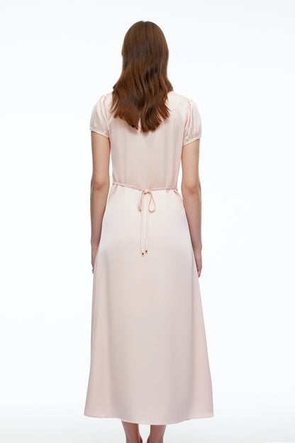 Sloane Pink Satin Midi Dress with Lace Collar