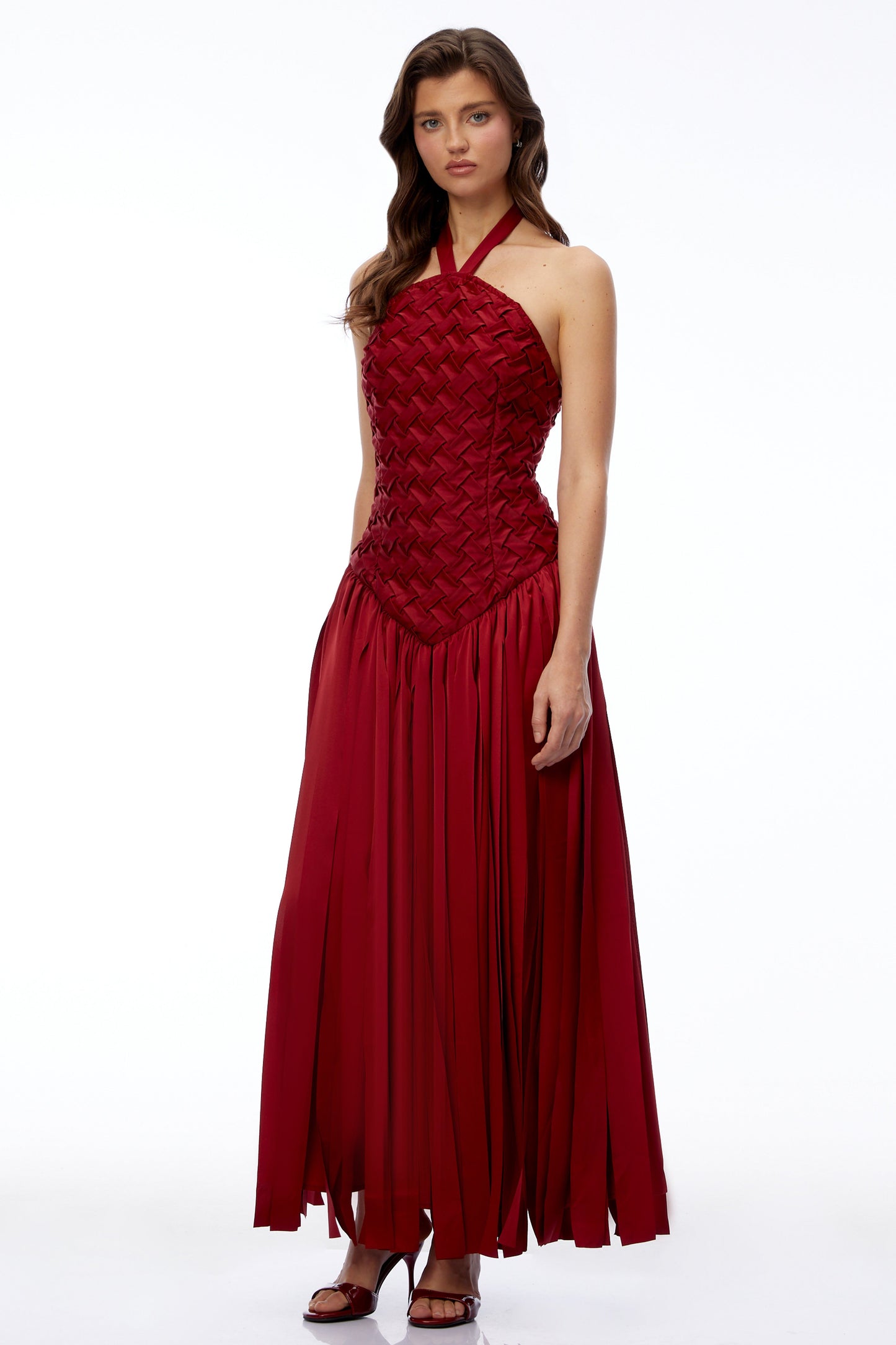 Sloane Red Halterneck Pleated Maxi Dress with Lace-Up Detail