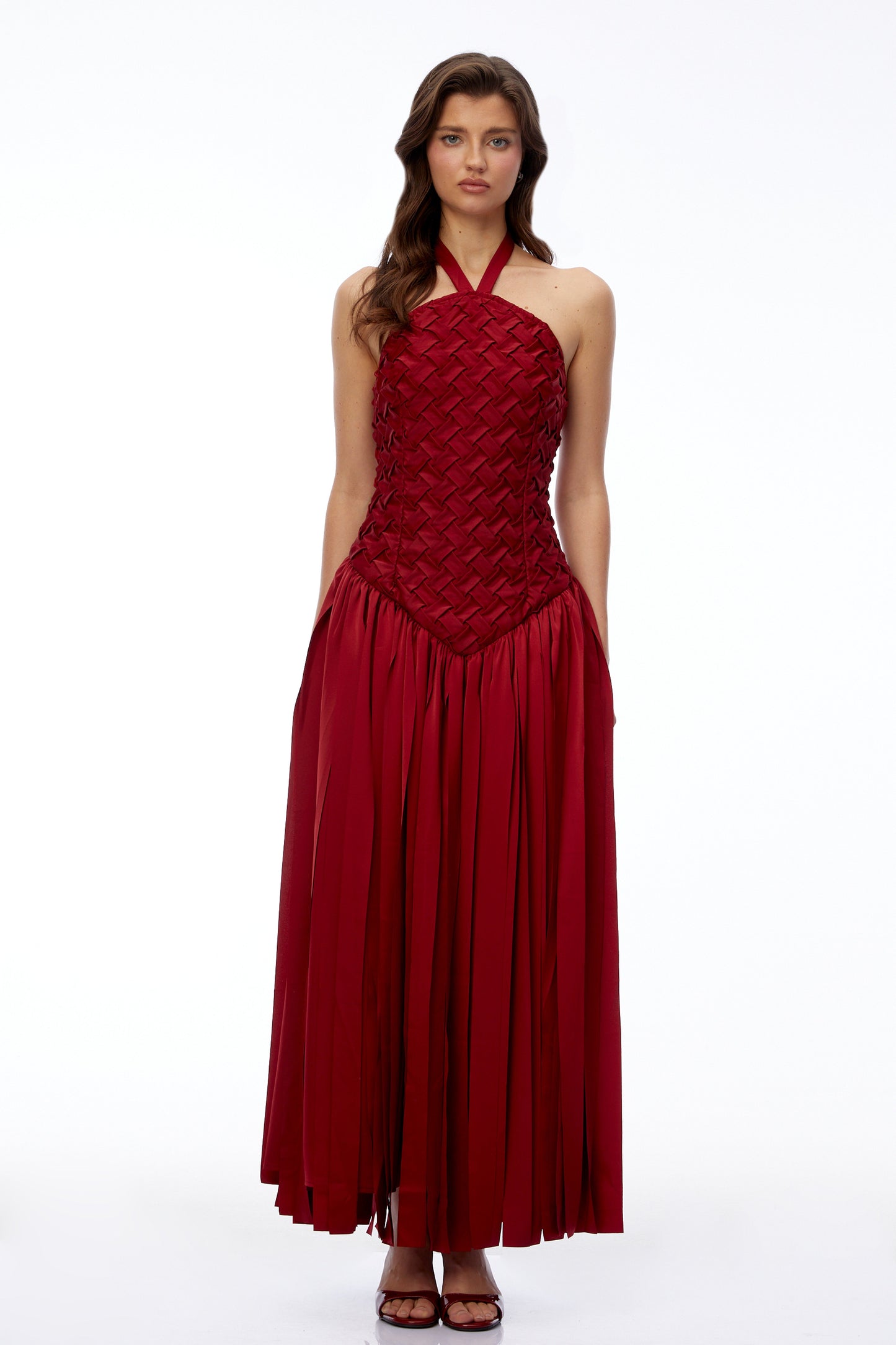 Sloane Red Halterneck Pleated Maxi Dress with Lace-Up Detail