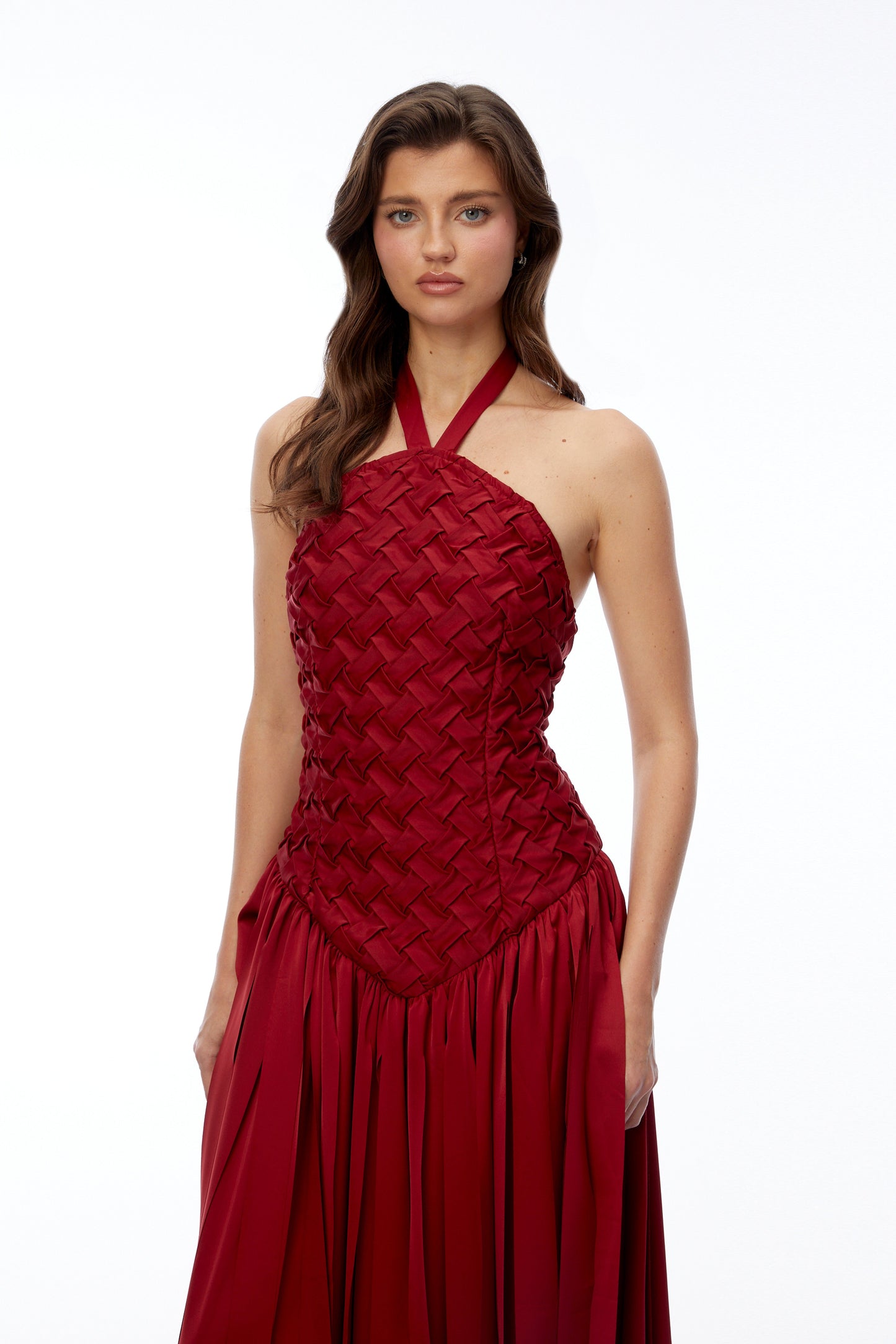 Sloane Red Halterneck Pleated Maxi Dress with Lace-Up Detail