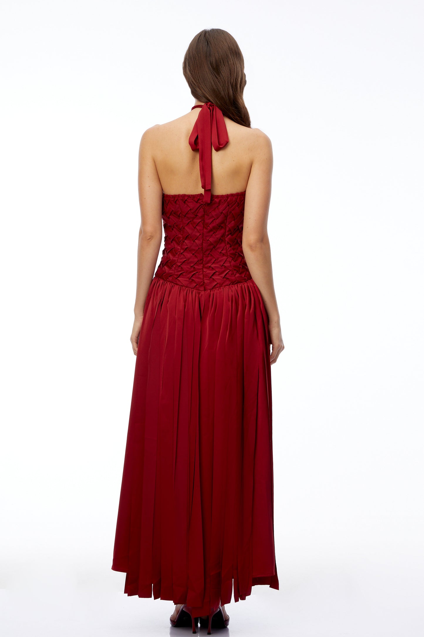 Sloane Red Halterneck Pleated Maxi Dress with Lace-Up Detail