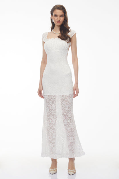 Snizhana White Ruffled Lace Fishtail Maxi Dress