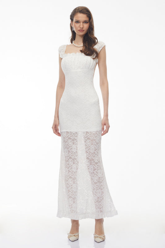 Snizhana White Ruffled Lace Fishtail Maxi Dress