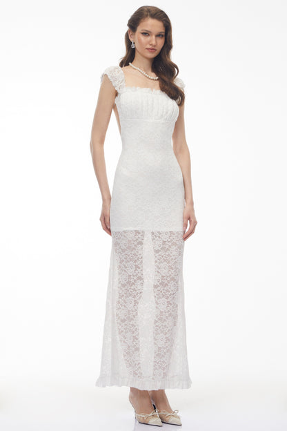 Snizhana White Ruffled Lace Fishtail Maxi Dress