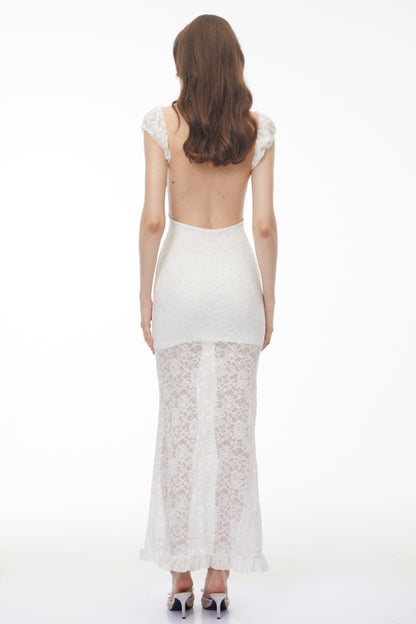 Snizhana White Ruffled Lace Fishtail Maxi Dress