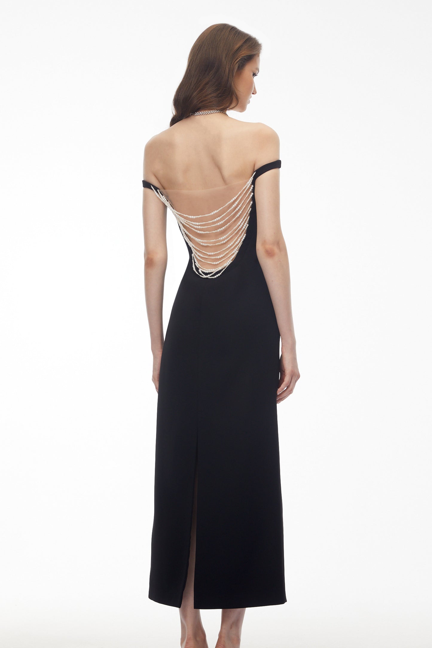 Sofia Black Off Shoulder Backless Maxi Dress with Pearl Chain