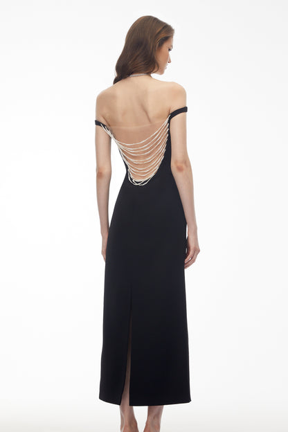 Sofia Black Off Shoulder Backless Maxi Dress with Pearl Chain