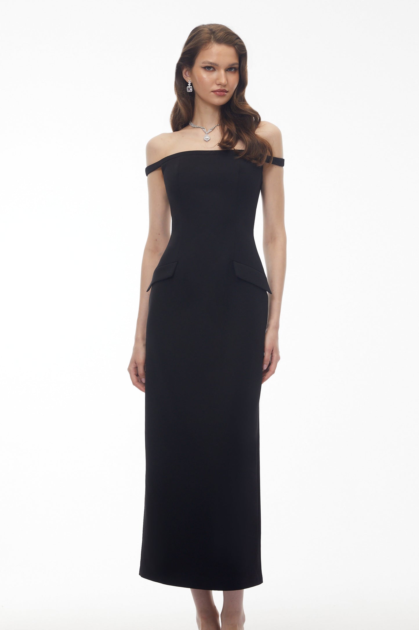 Sofia Black Off Shoulder Backless Maxi Dress with Pearl Chain