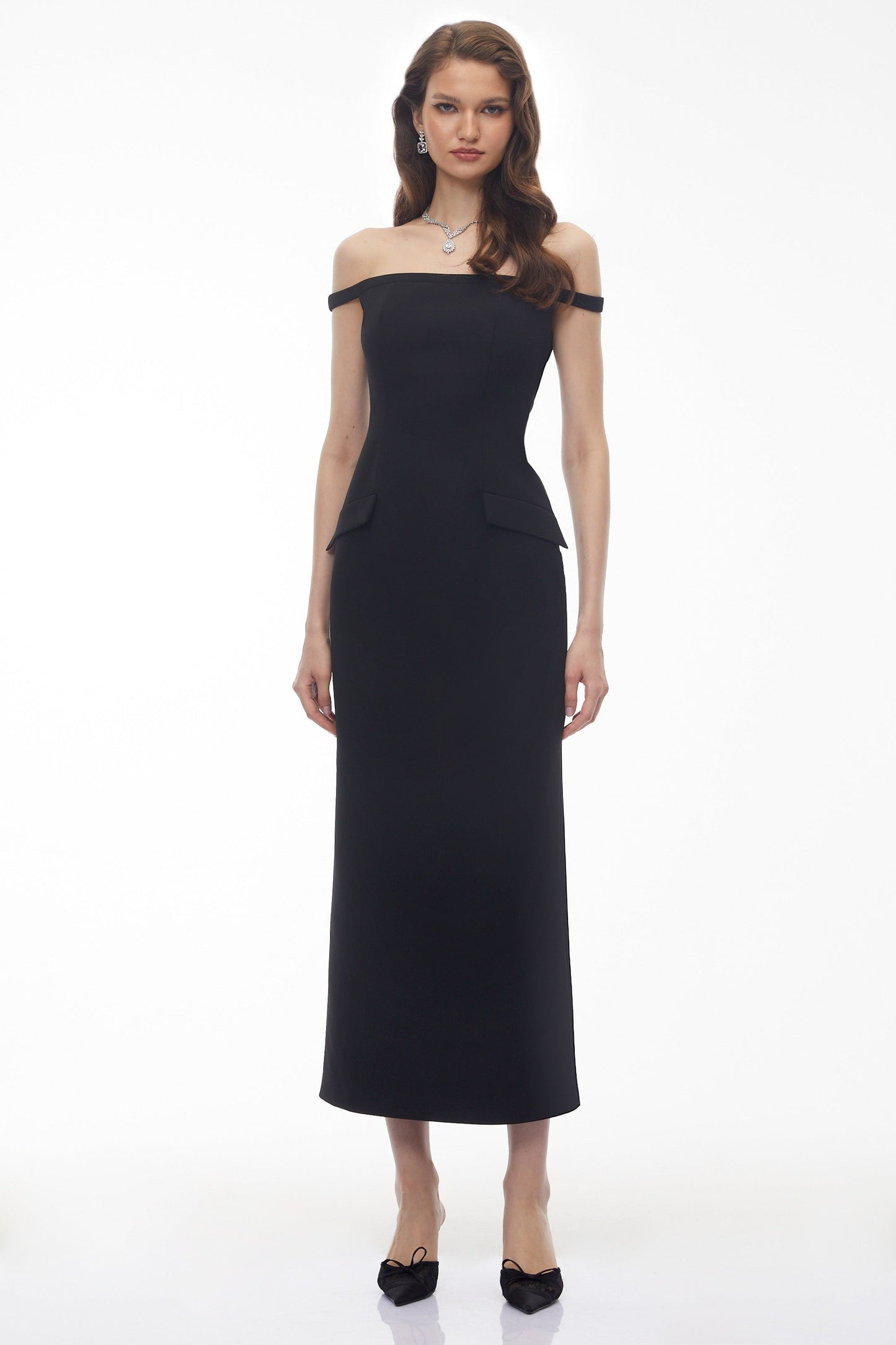 Sofia Black Off Shoulder Backless Maxi Dress with Pearl Chain
