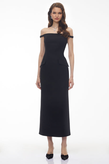 Sofia Black Off Shoulder Backless Maxi Dress with Pearl Chain