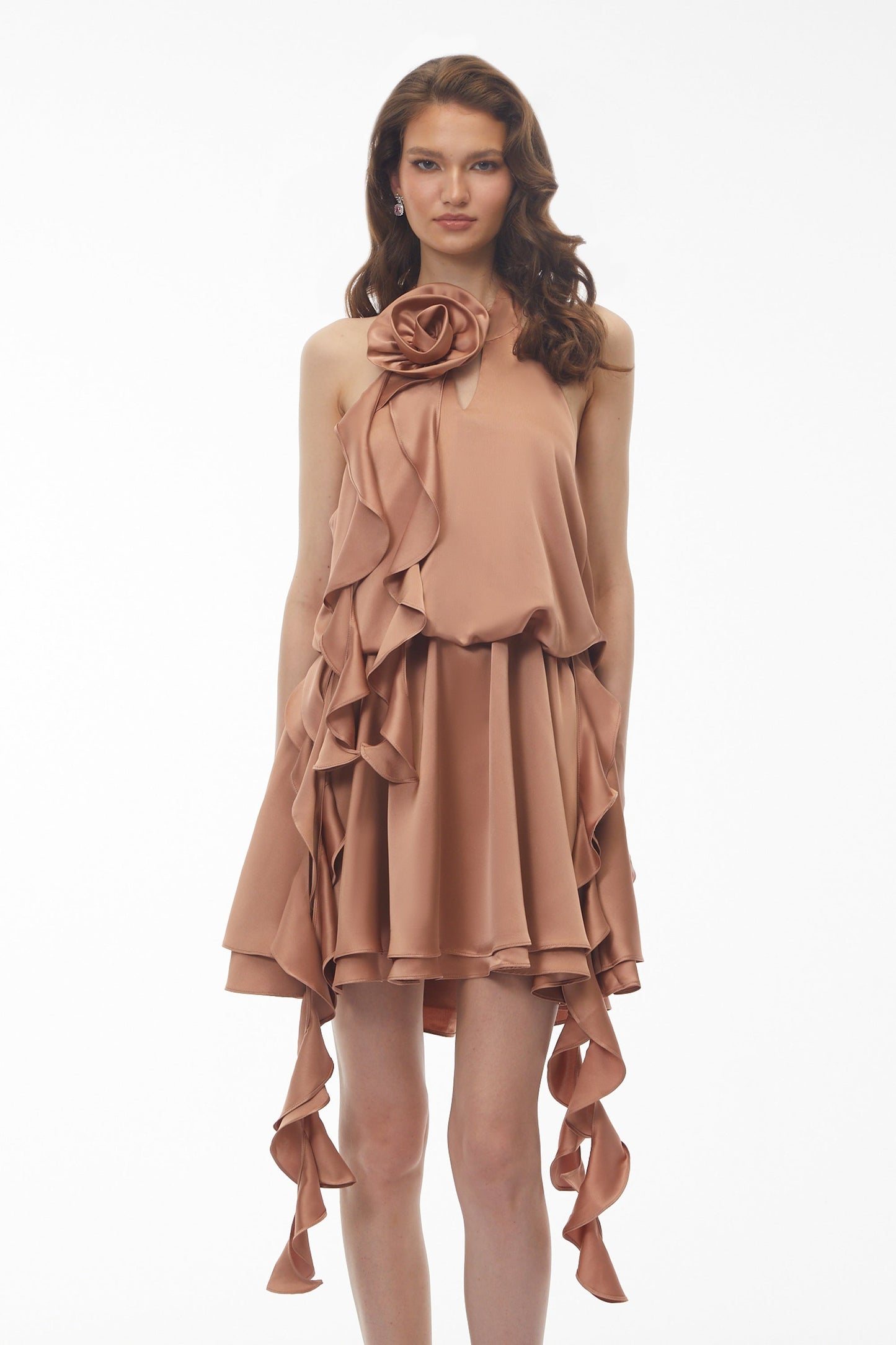 Solange Camel Boyundan Bağlamalı Dantelli 3D Çiçekli Mini Elbise