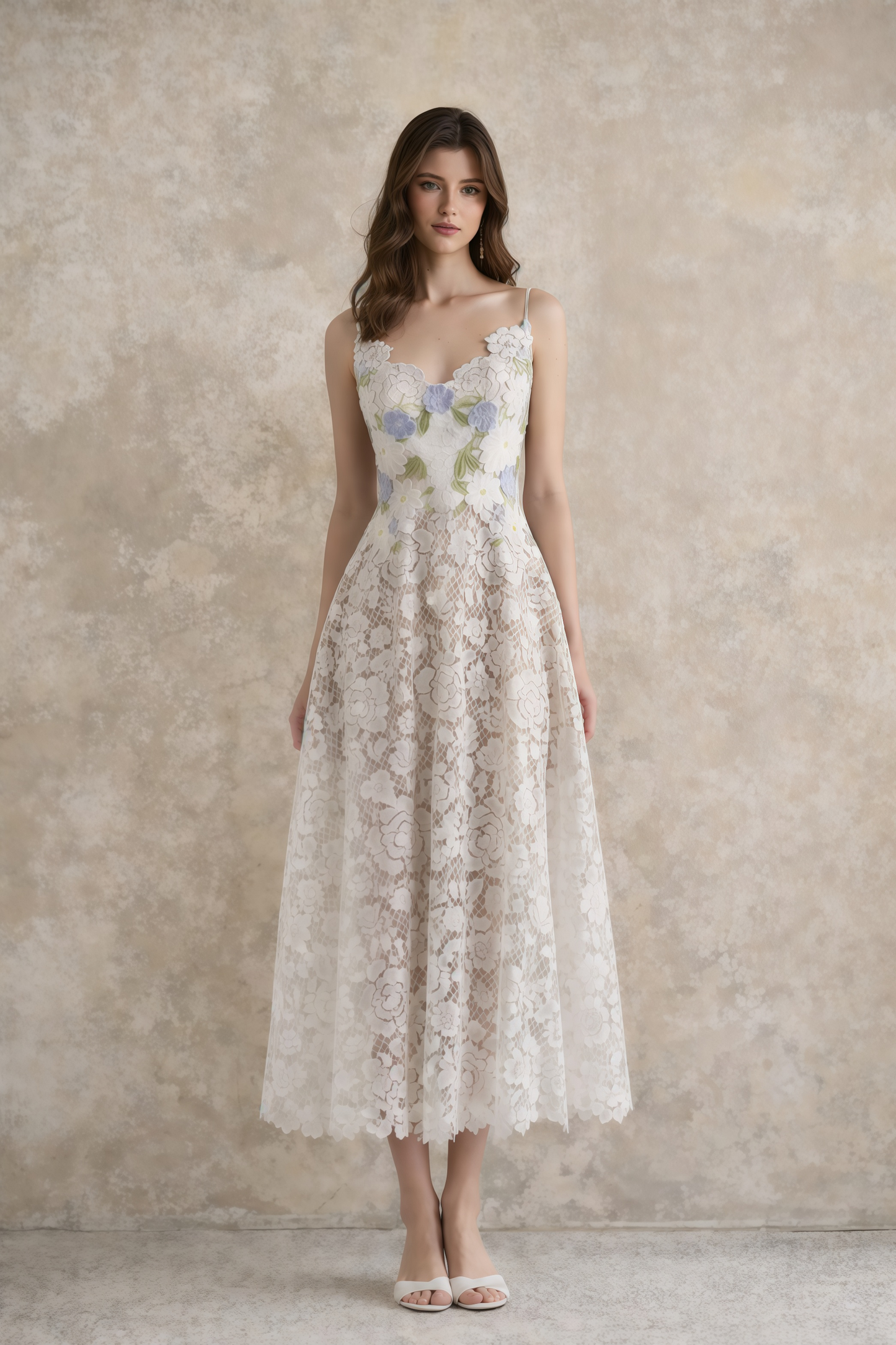 Solea White Floral Embroidered Lace Midi Dress