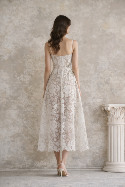 Solea White Floral Embroidered Lace Midi Dress
