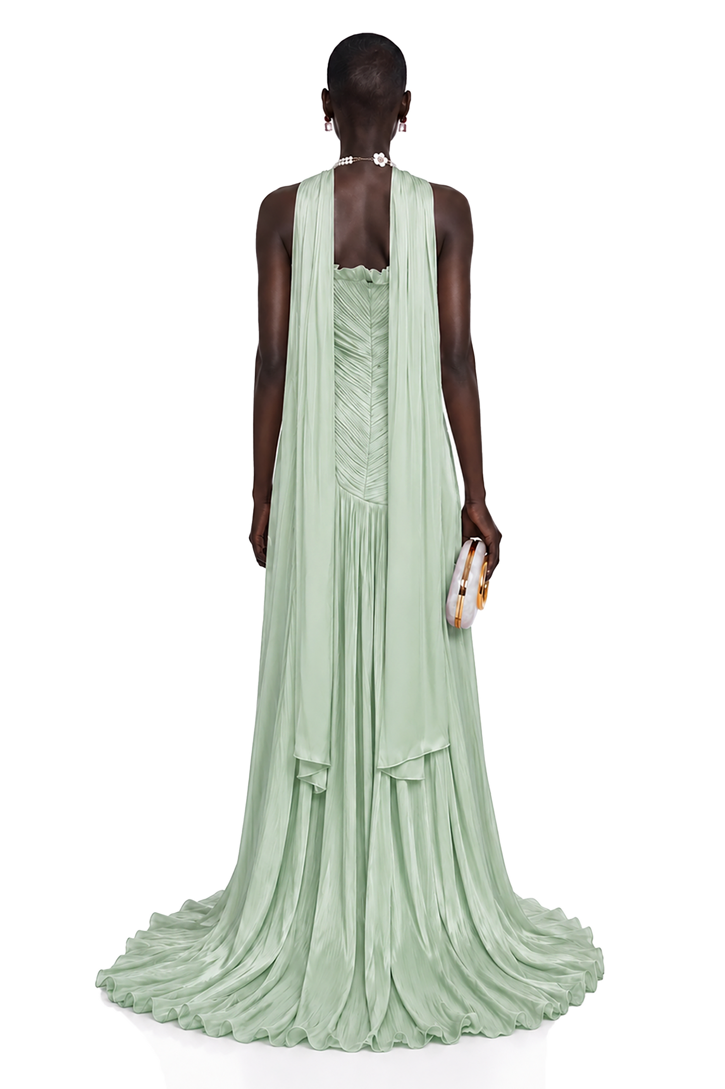 Solveig Green Off Shoulder Pleated Maxi Dress with Hign Slit
