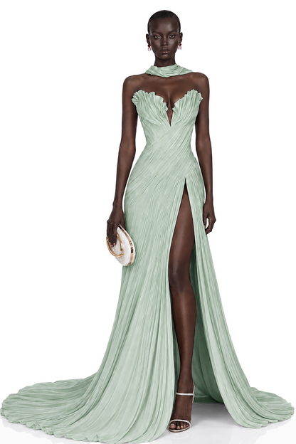 Solveig Green Off Shoulder Pleated Maxi Dress with Hign Slit