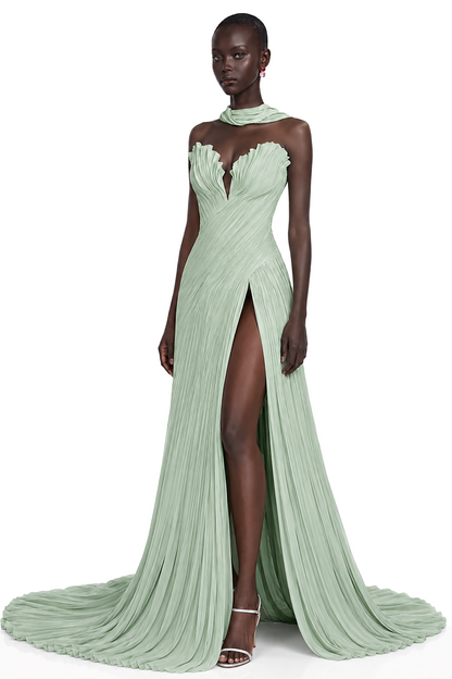 Solveig Green Off Shoulder Pleated Maxi Dress with Hign Slit