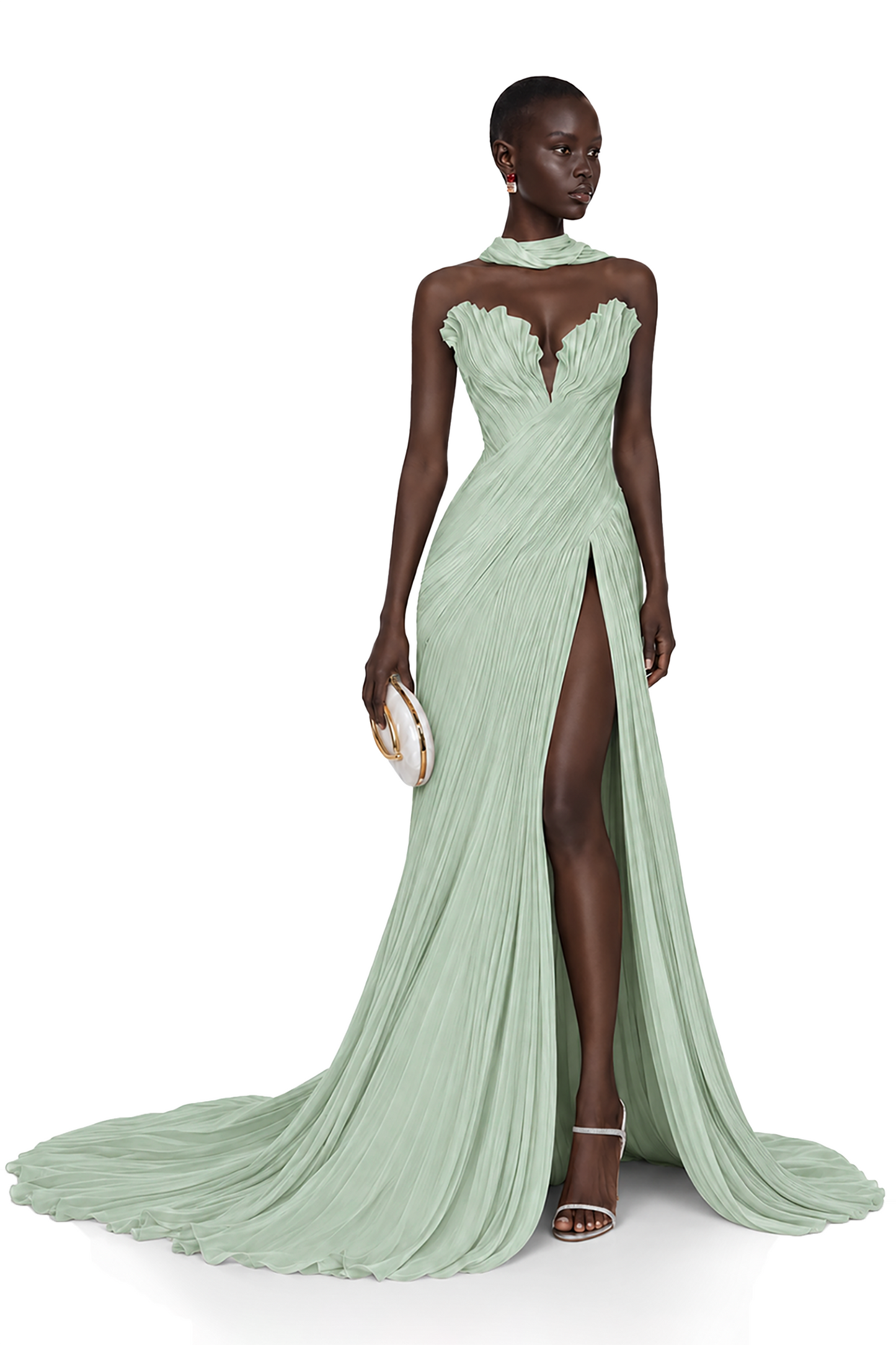 Solveig Green Off Shoulder Pleated Maxi Dress with Hign Slit