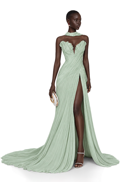Solveig Green Off Shoulder Pleated Maxi Dress with Hign Slit