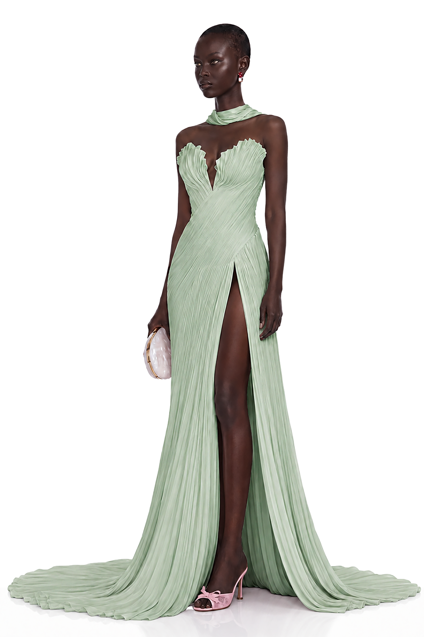 Solveig Green Off Shoulder Pleated Maxi Dress with Hign Slit