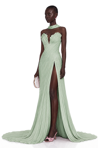 Solveig Green Off Shoulder Pleated Maxi Dress with Hign Slit