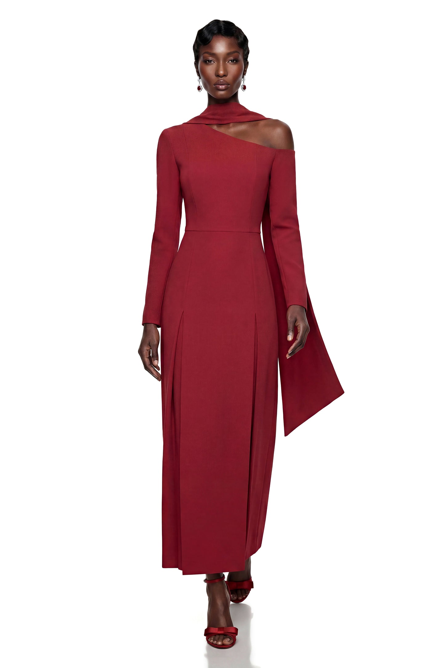 Sophia Burgundy One Shoulder Pleated Maxi Dress