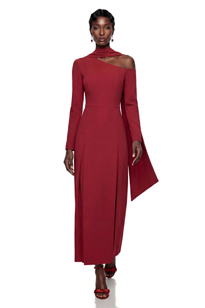 Sophia Burgundy One Shoulder Pleated Maxi Dress