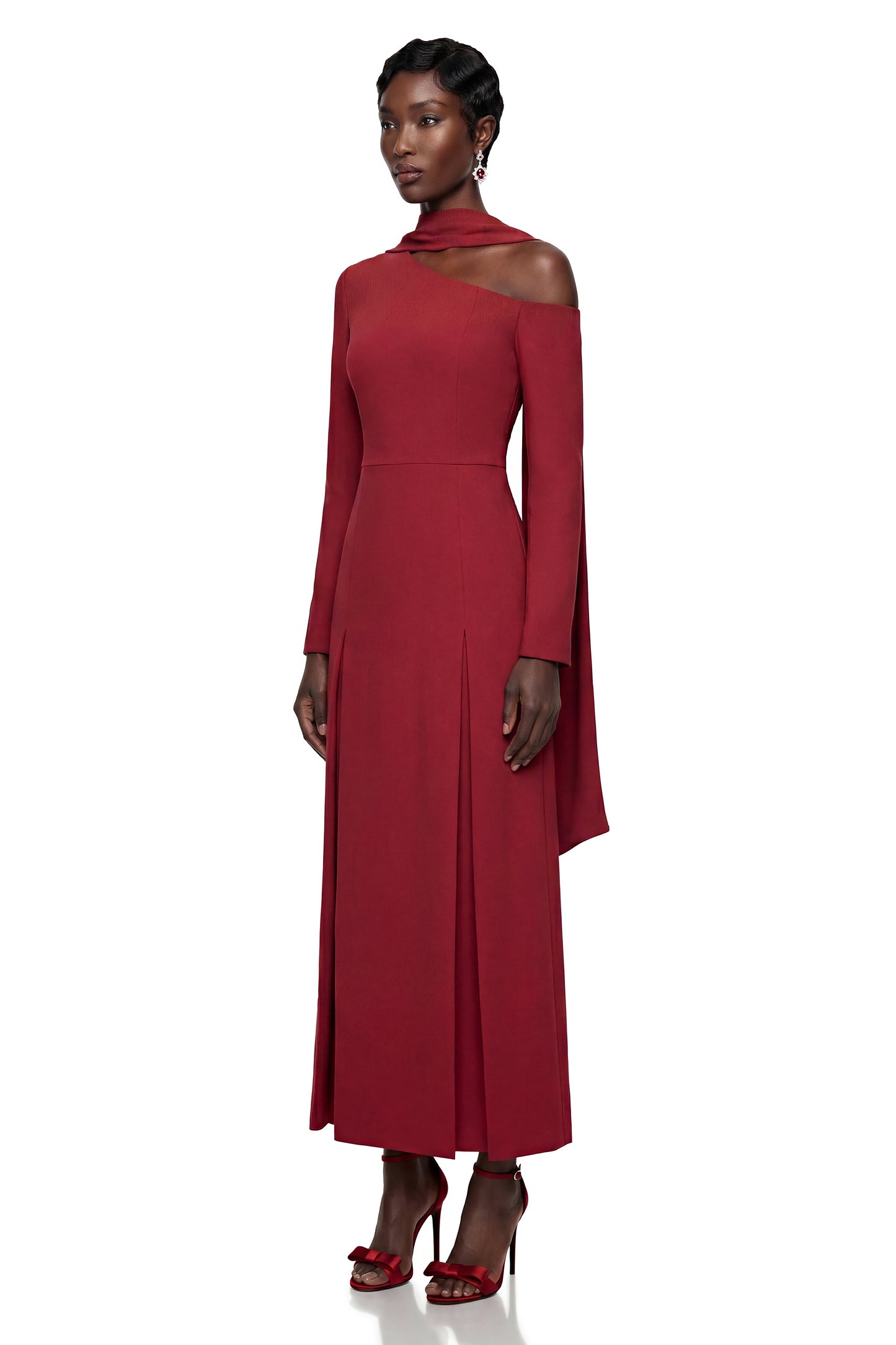 Sophia Burgundy One Shoulder Pleated Maxi Dress