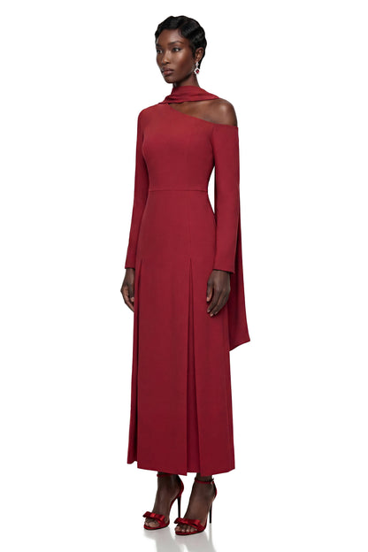 Sophia Burgundy One Shoulder Pleated Maxi Dress