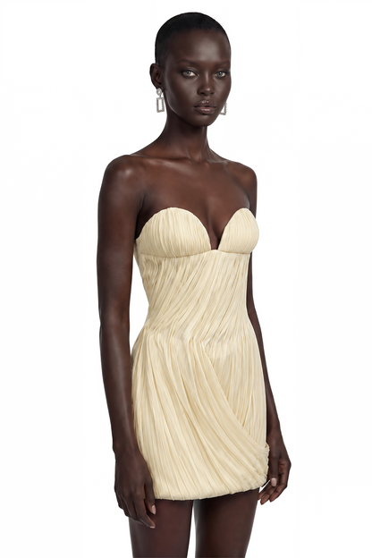 Gamze Champagne Off Shoulder Ruched Mini Dress