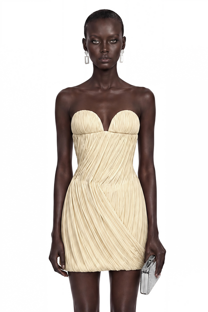 Gamze Champagne Off Shoulder Ruched Mini Dress