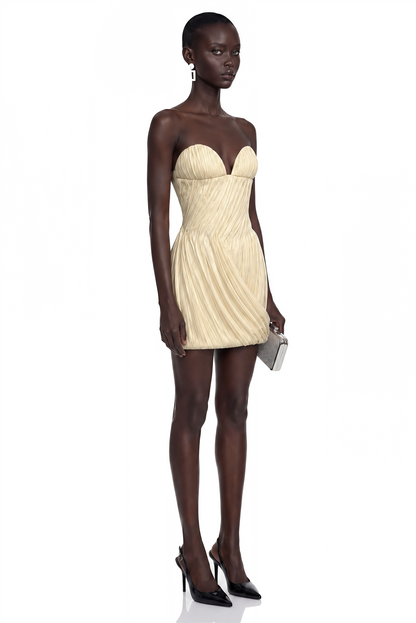 Gamze Champagne Off Shoulder Ruched Mini Dress