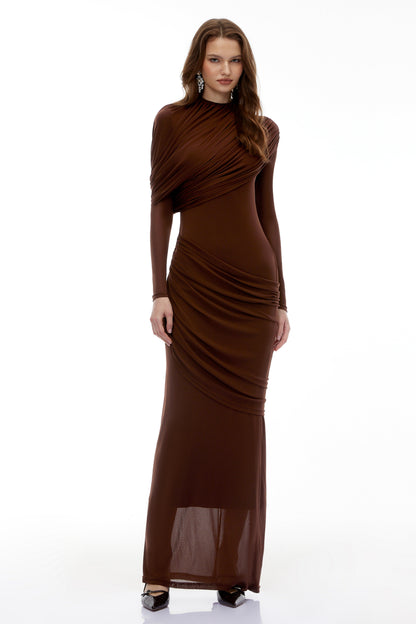 Sophia Chocolate Brown Draped Jersey Maxi Dress