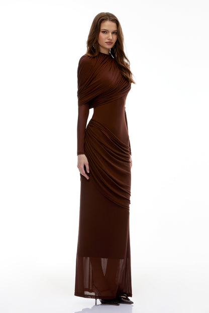 Sophia Chocolate Brown Draped Jersey Maxi Dress