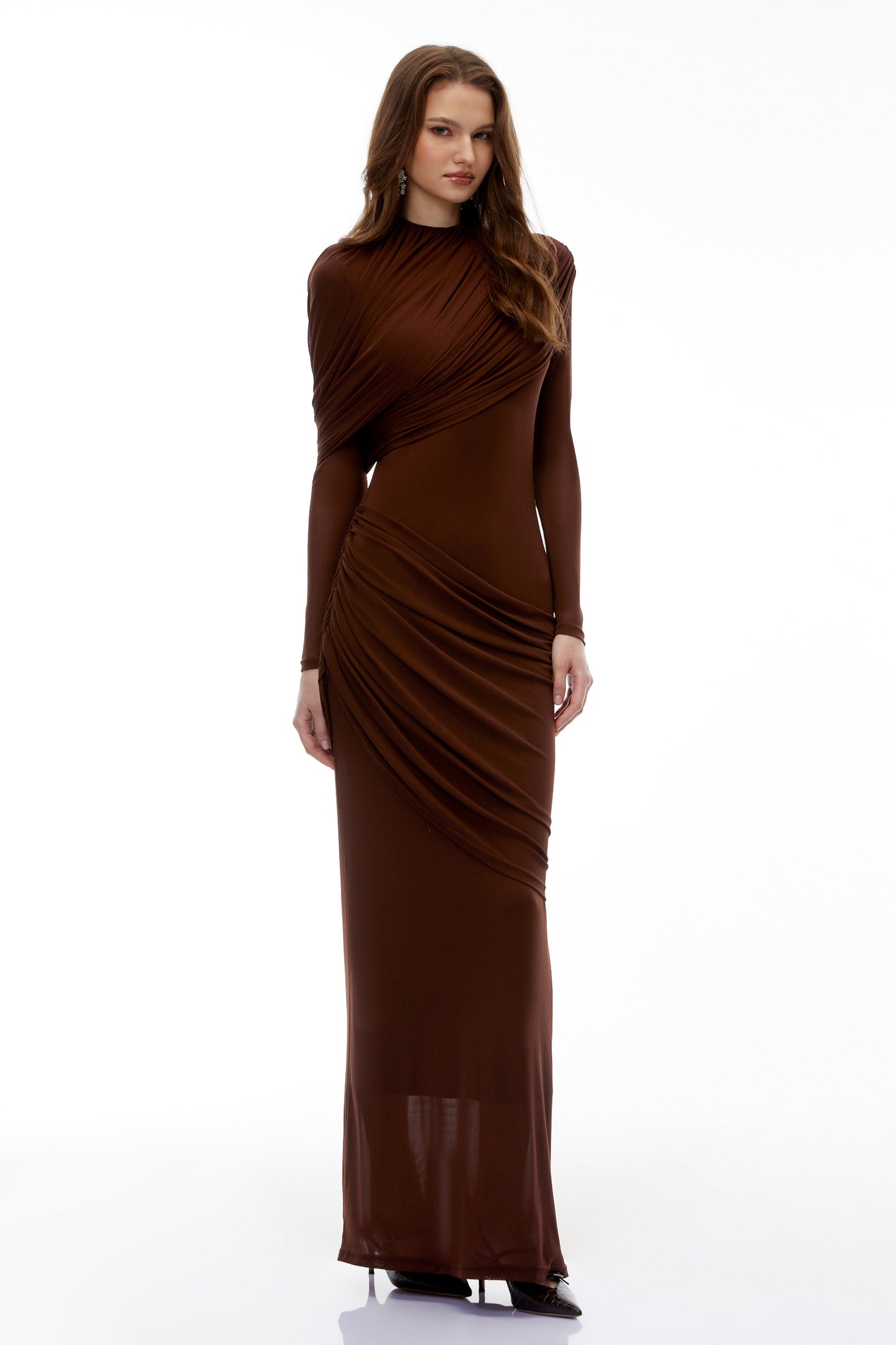 Sophia Chocolate Brown Draped Jersey Maxi Dress