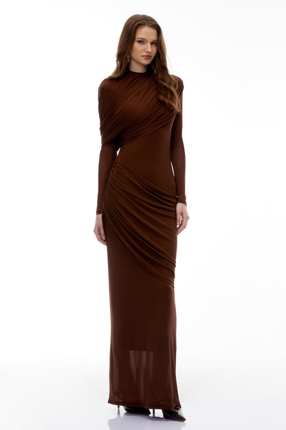 Sophia Chocolate Brown Draped Jersey Maxi Dress