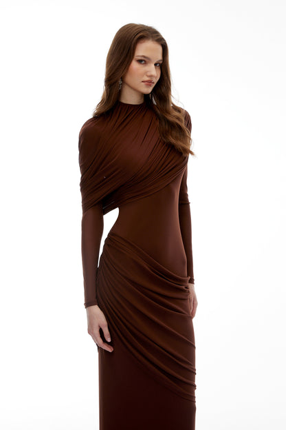 Sophia Chocolate Brown Draped Jersey Maxi Dress