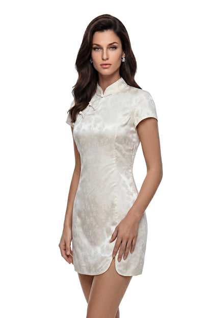 Sophia Ivory Mini Dress with Diagonal Frog Buttons