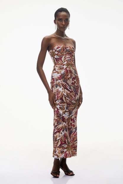 Stefania Pembe Düşük Omuz Çiçek İşlemeli Maxi Elbise