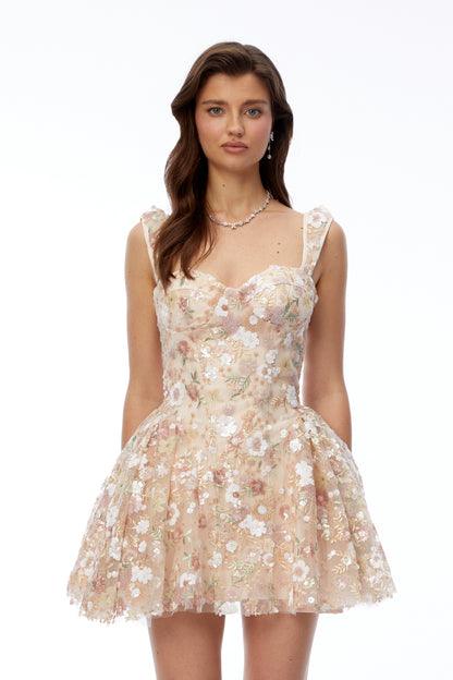Stephanie Neutral Floral Sequin Ruffled Mini Dress