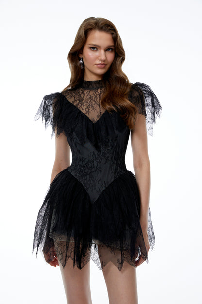 Sterre Black Lace Ruffled Mini Dress