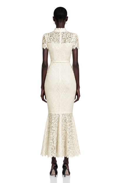 Suzanne Ivory Mock Neck Floral Lace Mermaid Maxi Dress