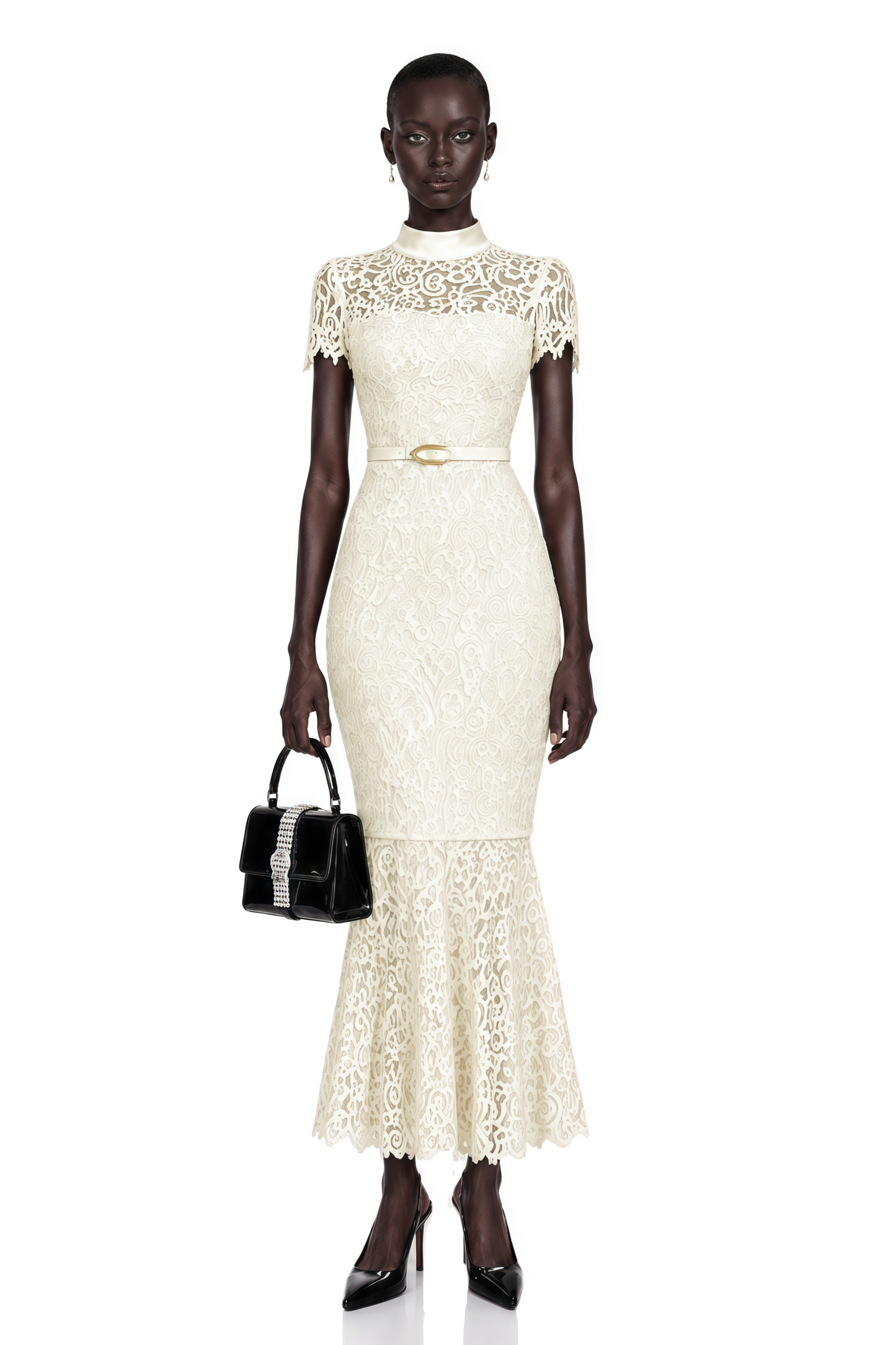 Suzanne Ivory Mock Neck Floral Lace Mermaid Maxi Dress