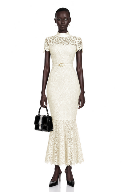 Suzanne Ivory Mock Neck Floral Lace Mermaid Maxi Dress