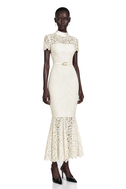 Suzanne Ivory Mock Neck Floral Lace Mermaid Maxi Dress