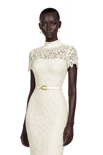 Suzanne Ivory Mock Neck Floral Lace Mermaid Maxi Dress