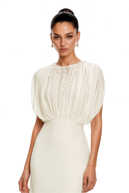 Svetlana File Panelli Krem Dantelli Maxi Elbise