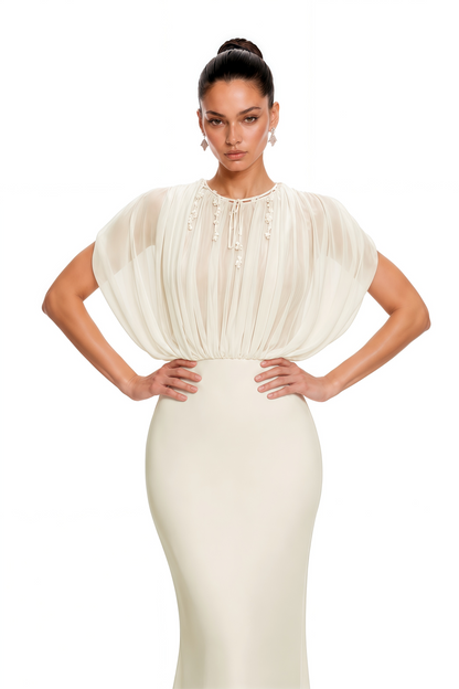 Svetlana File Panelli Krem Dantelli Maxi Elbise